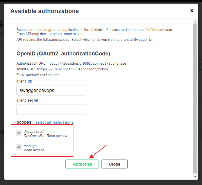 Swagger UI - Select scopes to request